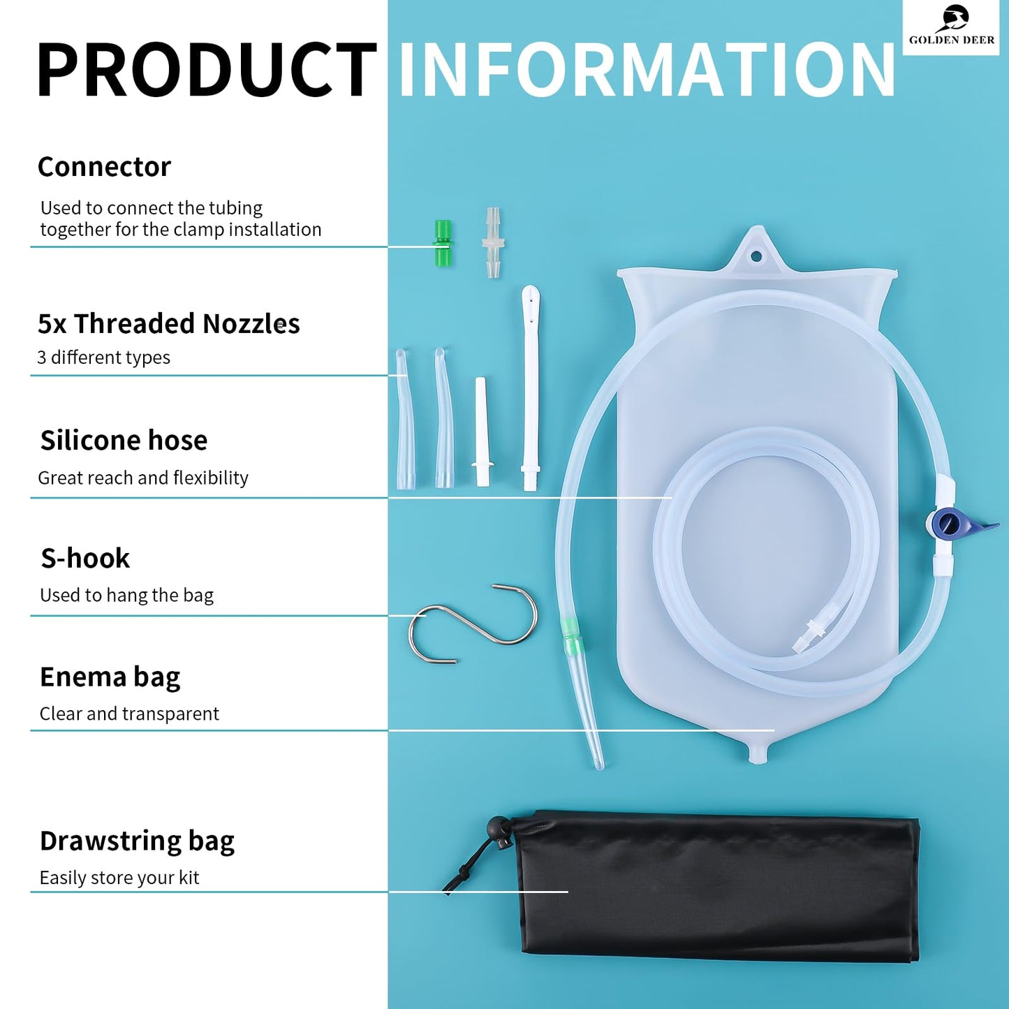 Silicone Enema Bag Kit - 2 Quart Capacity, 5 Multi-Size Reusable, Controlled Water Flow for Colon Detox Cleanse Enemas