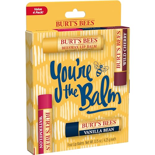 Burt's Bees Lip Balm Stocking Stuffers, Moisturizing Lip Care Christmas Gifts, SuperFruit - Pomegranate, Coconut & Pear, Mango, Pink Grapefruit, Natural Origin Treatment (4-Pack)