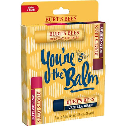 Burt's Bees Lip Balm Stocking Stuffers, Moisturizing Lip Care Christmas Gifts, SuperFruit - Pomegranate, Coconut & Pear, Mango, Pink Grapefruit, Natural Origin Treatment (4-Pack)