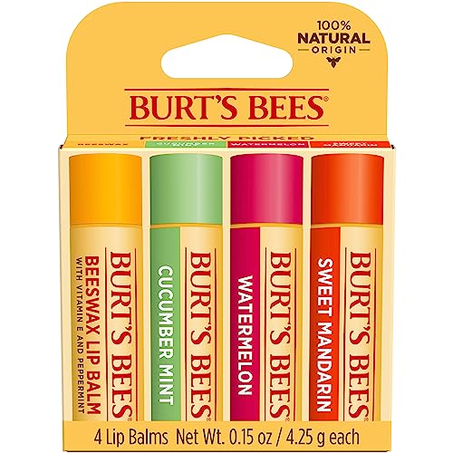 Burt's Bees Lip Balm Stocking Stuffers, Moisturizing Lip Care Christmas Gifts, SuperFruit - Pomegranate, Coconut & Pear, Mango, Pink Grapefruit, Natural Origin Treatment (4-Pack)