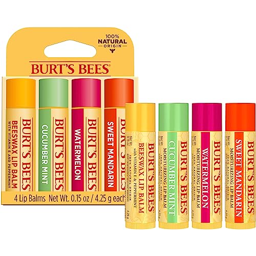 Burt's Bees Lip Balm Stocking Stuffers, Moisturizing Lip Care Christmas Gifts, SuperFruit - Pomegranate, Coconut & Pear, Mango, Pink Grapefruit, Natural Origin Treatment (4-Pack)