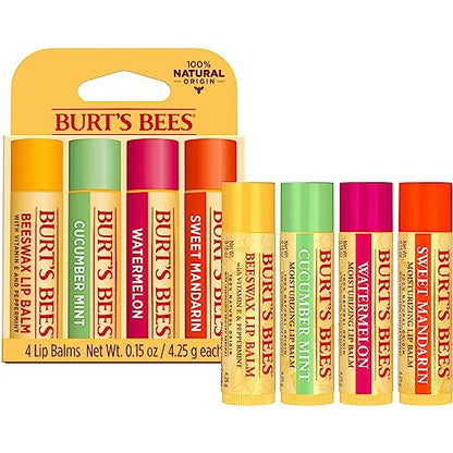 Burt's Bees Lip Balm Stocking Stuffers, Moisturizing Lip Care Christmas Gifts, SuperFruit - Pomegranate, Coconut & Pear, Mango, Pink Grapefruit, Natural Origin Treatment (4-Pack)
