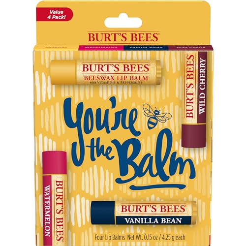 Burt's Bees Lip Balm Stocking Stuffers, Moisturizing Lip Care Christmas Gifts, SuperFruit - Pomegranate, Coconut & Pear, Mango, Pink Grapefruit, Natural Origin Treatment (4-Pack)