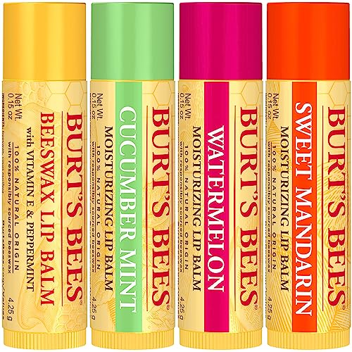 Burt's Bees Lip Balm Stocking Stuffers, Moisturizing Lip Care Christmas Gifts, SuperFruit - Pomegranate, Coconut & Pear, Mango, Pink Grapefruit, Natural Origin Treatment (4-Pack)
