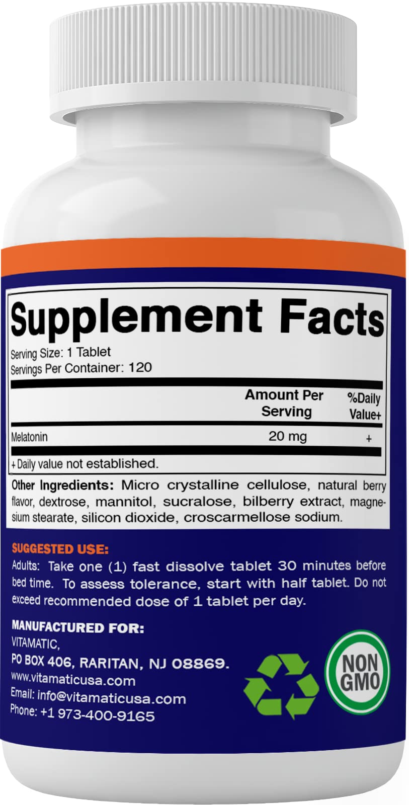 Vitamatic Melatonin 20mg Tablets | Vegetarian, Non-GMO, Gluten Free | HIGH Potency 20 MG | Natural Berry Flavor 120 Tablets