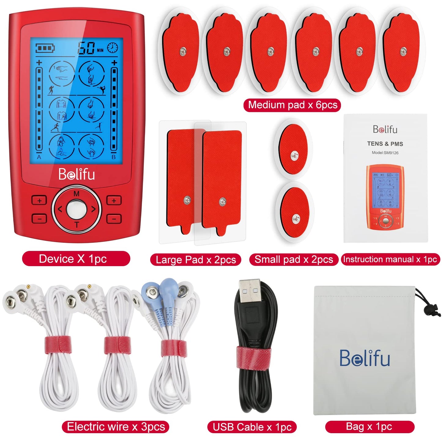 Belifu Dual Channel TENS EMS Unit 24 Modes Muscle Stimulator for Pain Relief Therapy, Electronic Pulse Massager Muscle Massager with 10 Pads, Dust-Proof Drawstring Storage Bag, Fastening Cable Ties
