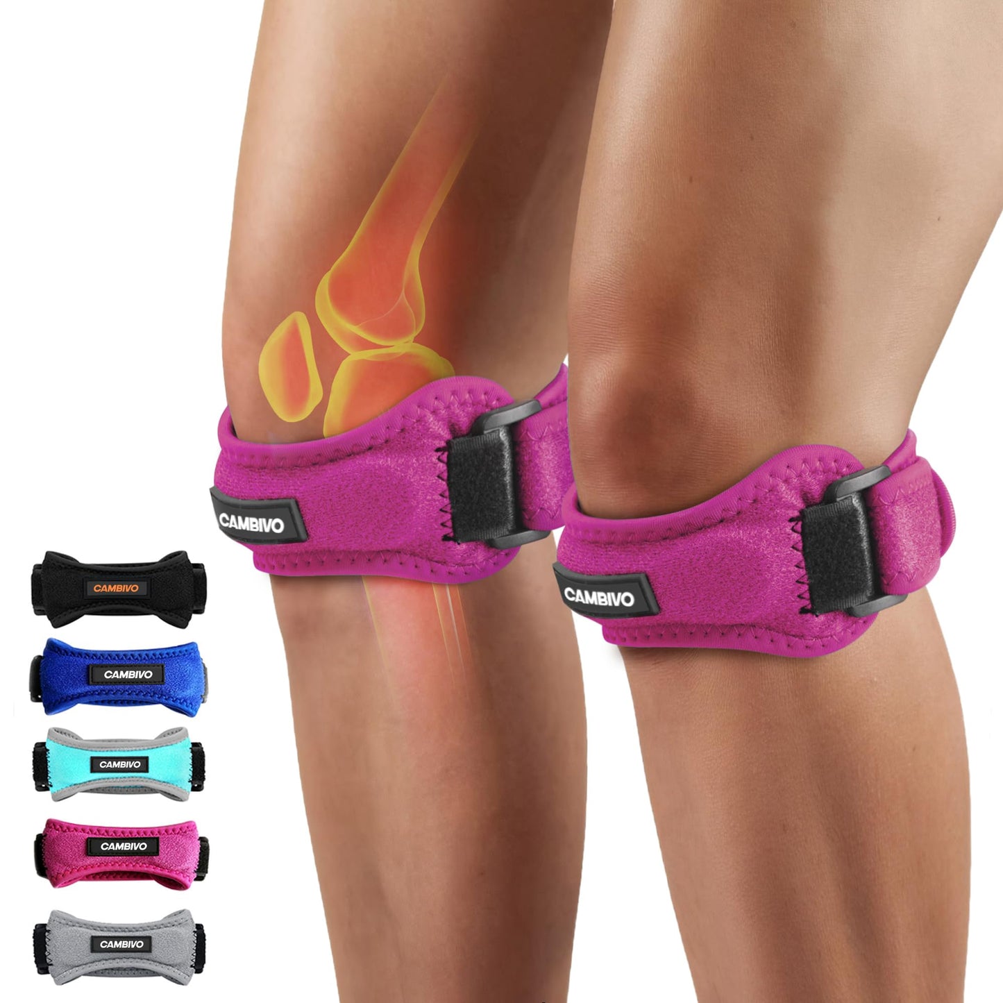 CAMBIVO 2 Pack Knee Braces for Knee Pain, Patella Knee Support Strap, Adjustable Patellar Tendon Stabilizer Band for Jumpers Knee, Tendonitis, Basketball, Running, Hiking, Volleyball, Tennis, Squats