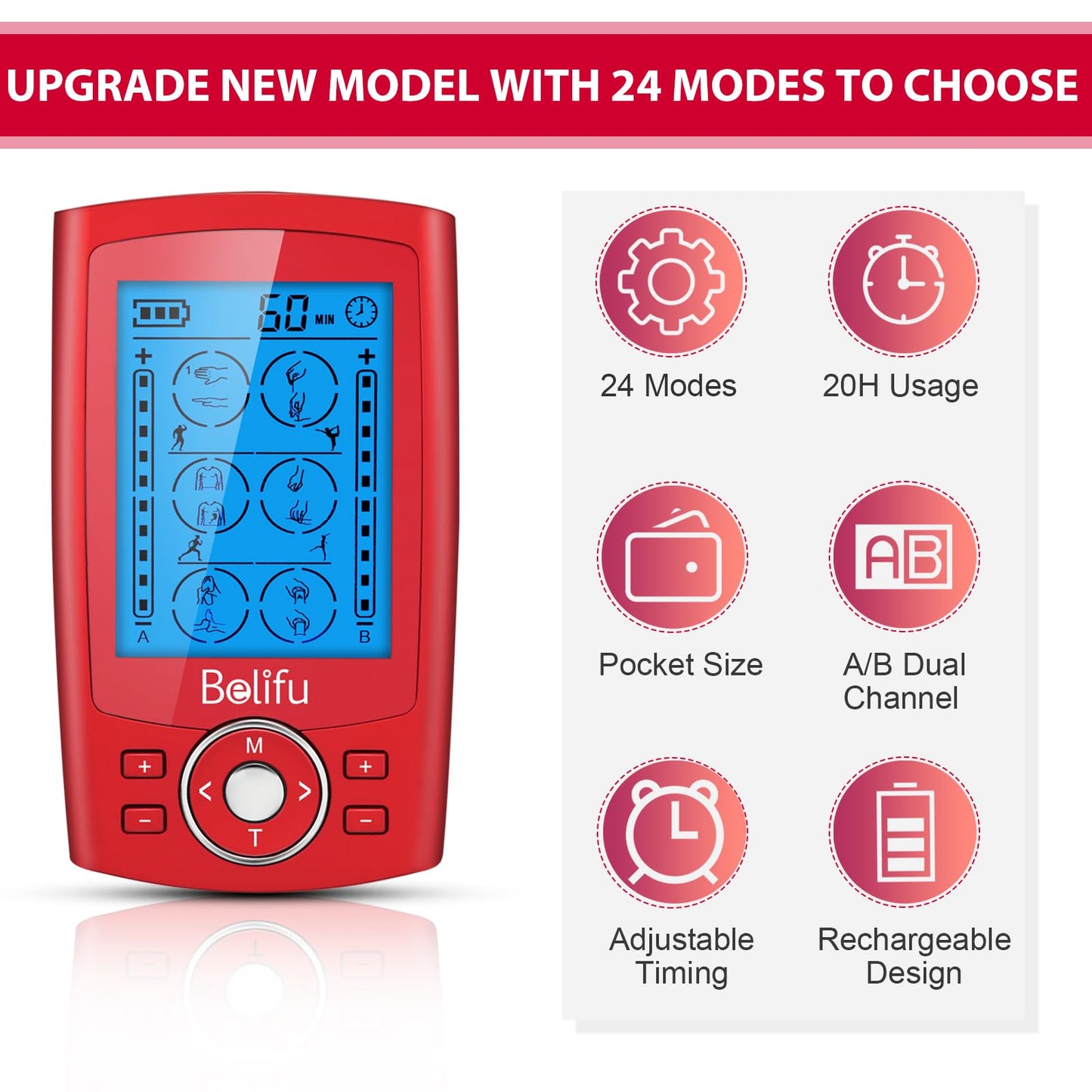 Belifu Dual Channel TENS EMS Unit 24 Modes Muscle Stimulator for Pain Relief Therapy, Electronic Pulse Massager Muscle Massager with 10 Pads, Dust-Proof Drawstring Storage Bag, Fastening Cable Ties