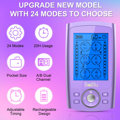 Belifu Dual Channel TENS EMS Unit 24 Modes Muscle Stimulator for Pain Relief Therapy, Electronic Pulse Massager Muscle Massager with 10 Pads, Dust-Proof Drawstring Storage Bag, Fastening Cable Ties