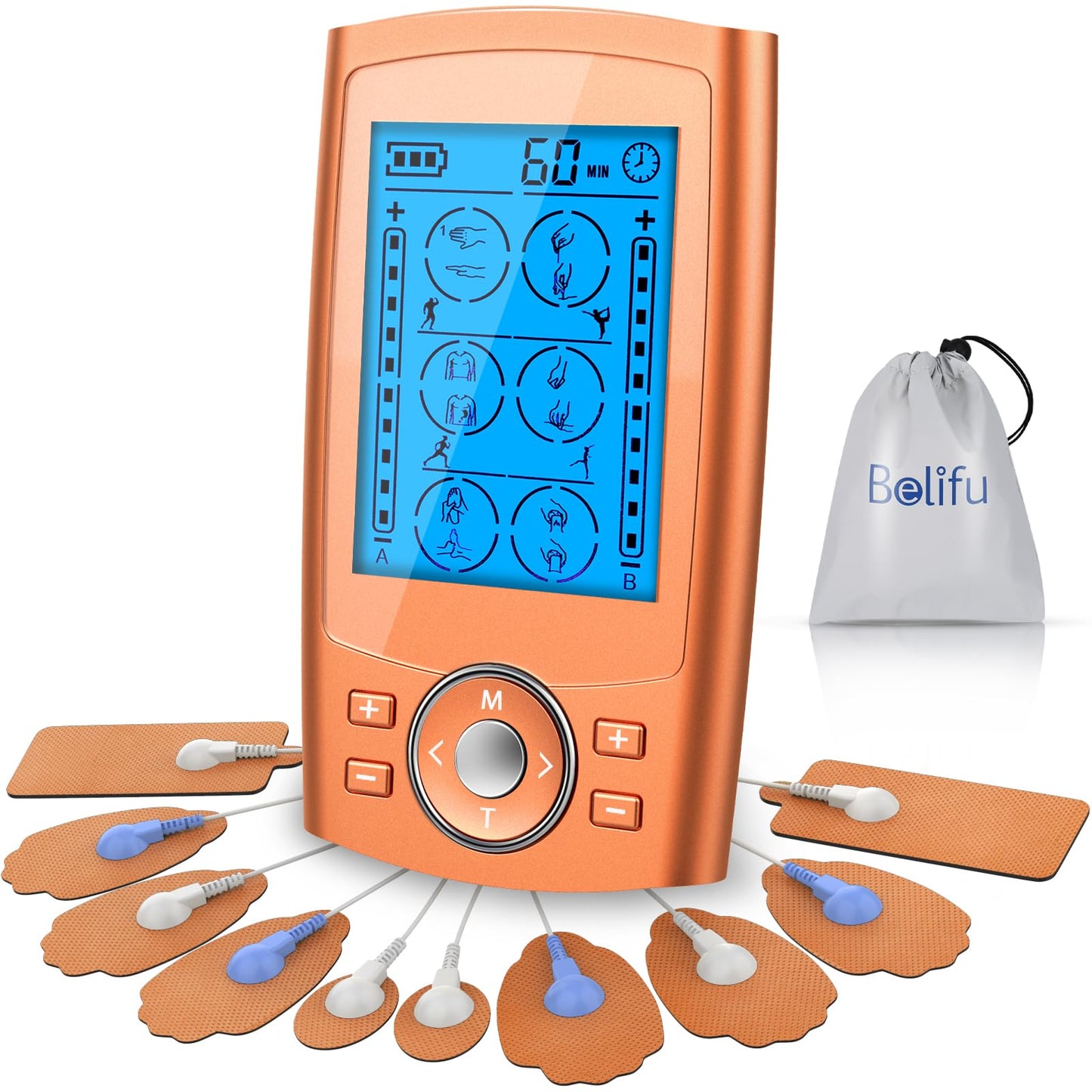 Belifu Dual Channel TENS EMS Unit 24 Modes Muscle Stimulator for Pain Relief Therapy, Electronic Pulse Massager Muscle Massager with 10 Pads, Dust-Proof Drawstring Storage Bag, Fastening Cable Ties