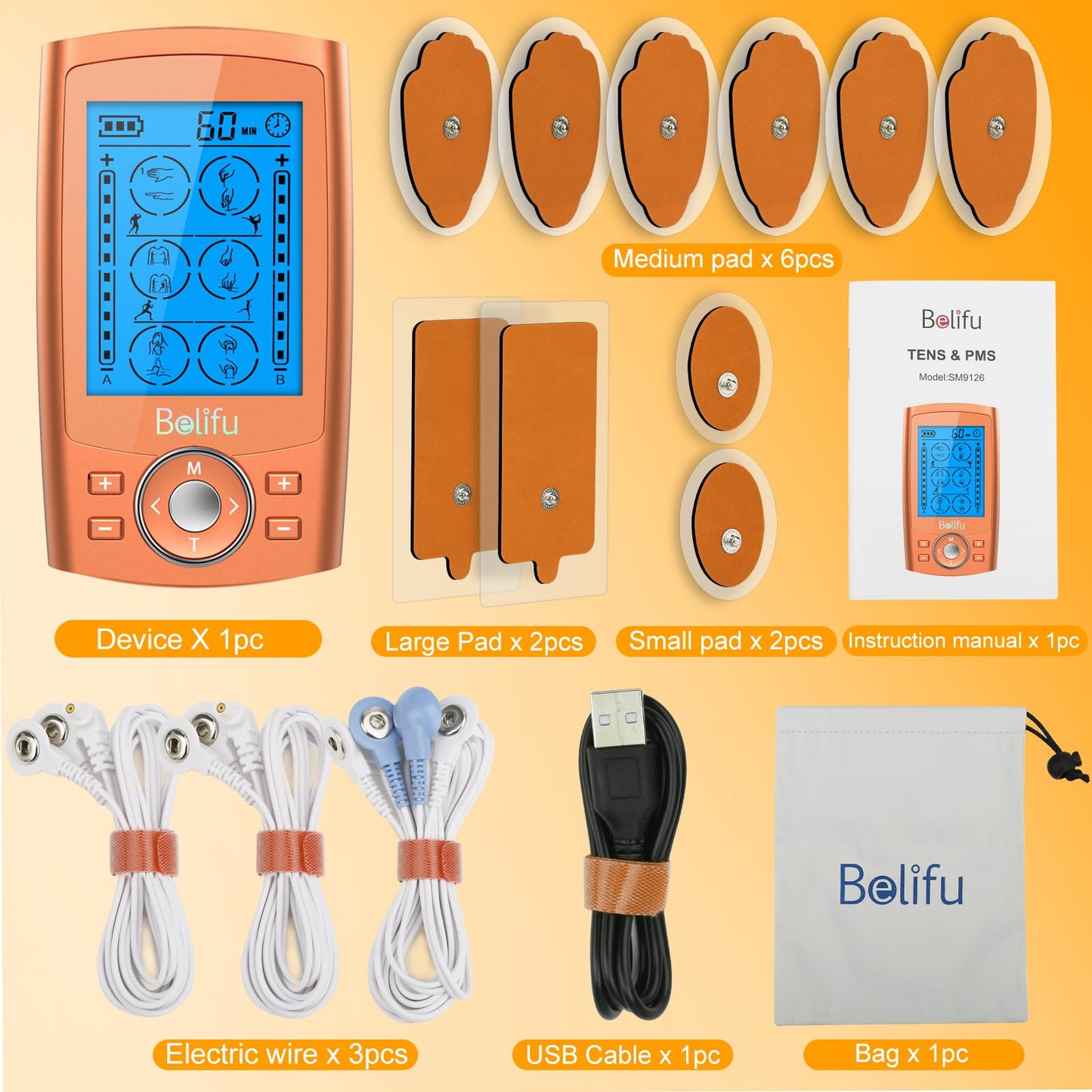 Belifu Dual Channel TENS EMS Unit 24 Modes Muscle Stimulator for Pain Relief Therapy, Electronic Pulse Massager Muscle Massager with 10 Pads, Dust-Proof Drawstring Storage Bag, Fastening Cable Ties