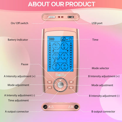 Belifu Dual Channel TENS EMS Unit 24 Modes Muscle Stimulator for Pain Relief Therapy, Electronic Pulse Massager Muscle Massager with 10 Pads, Dust-Proof Drawstring Storage Bag, Fastening Cable Ties