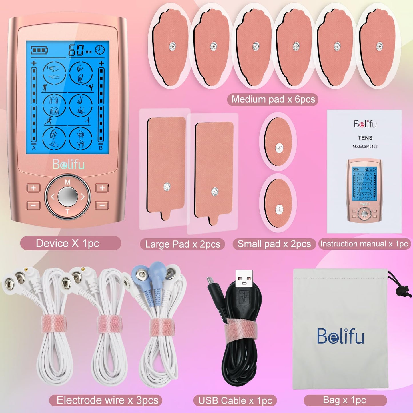 Belifu Dual Channel TENS EMS Unit 24 Modes Muscle Stimulator for Pain Relief Therapy, Electronic Pulse Massager Muscle Massager with 10 Pads, Dust-Proof Drawstring Storage Bag, Fastening Cable Ties