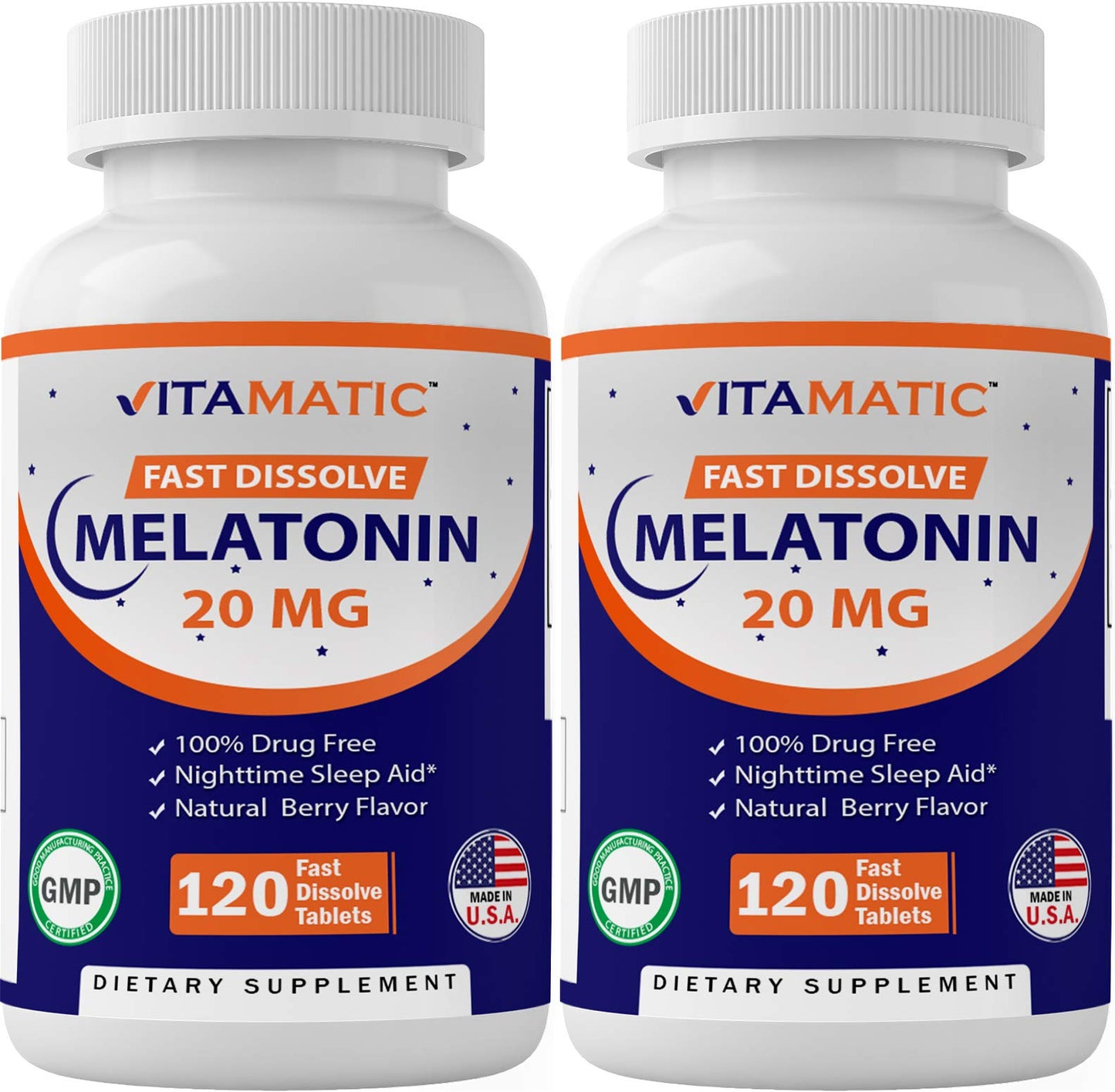 Vitamatic Melatonin 20mg Tablets | Vegetarian, Non-GMO, Gluten Free | HIGH Potency 20 MG | Natural Berry Flavor 120 Tablets