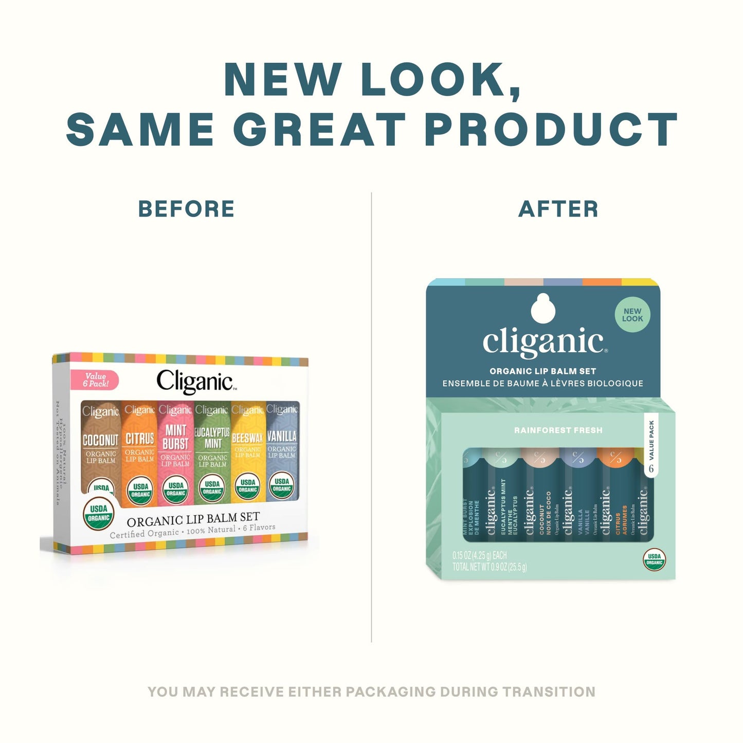 Cliganic Organic Lip Balm Set (4 Packs of 6 Tubes), 100% Natural Moisturizer for Cracked & Dry Lips (Packaging May Vary)
