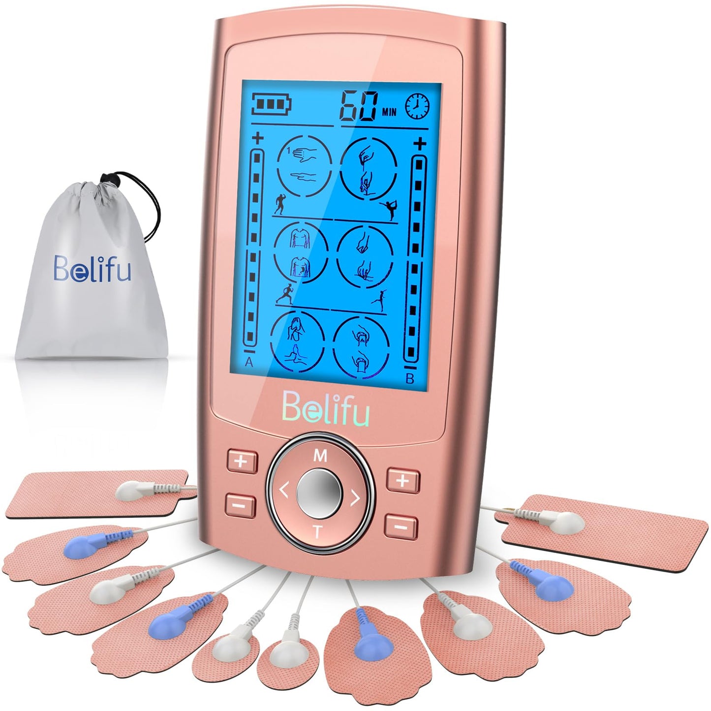 Belifu Dual Channel TENS EMS Unit 24 Modes Muscle Stimulator for Pain Relief Therapy, Electronic Pulse Massager Muscle Massager with 10 Pads, Dust-Proof Drawstring Storage Bag, Fastening Cable Ties