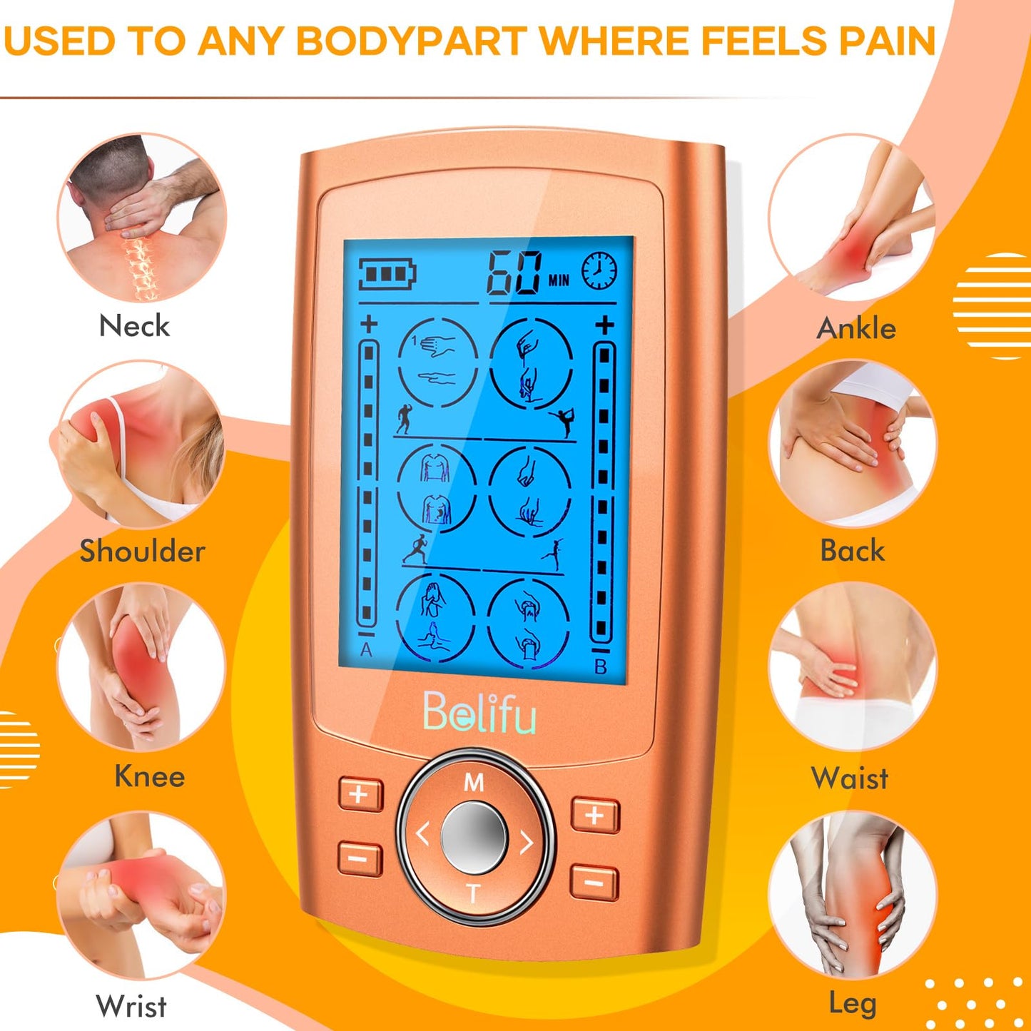 Belifu Dual Channel TENS EMS Unit 24 Modes Muscle Stimulator for Pain Relief Therapy, Electronic Pulse Massager Muscle Massager with 10 Pads, Dust-Proof Drawstring Storage Bag, Fastening Cable Ties
