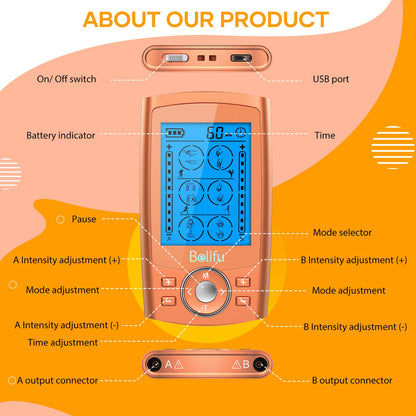Belifu Dual Channel TENS EMS Unit 24 Modes Muscle Stimulator for Pain Relief Therapy, Electronic Pulse Massager Muscle Massager with 10 Pads, Dust-Proof Drawstring Storage Bag, Fastening Cable Ties