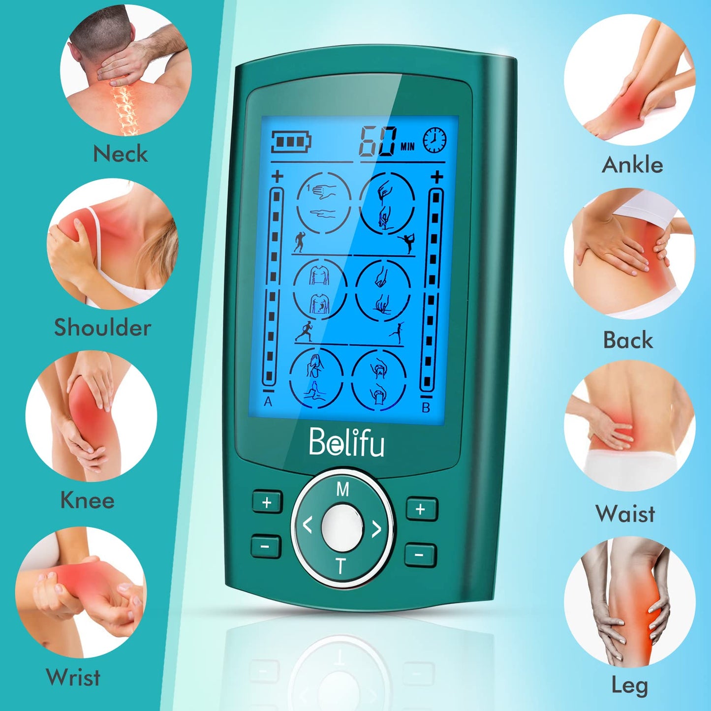 Belifu Dual Channel TENS EMS Unit 24 Modes Muscle Stimulator for Pain Relief Therapy, Electronic Pulse Massager Muscle Massager with 10 Pads, Dust-Proof Drawstring Storage Bag, Fastening Cable Ties