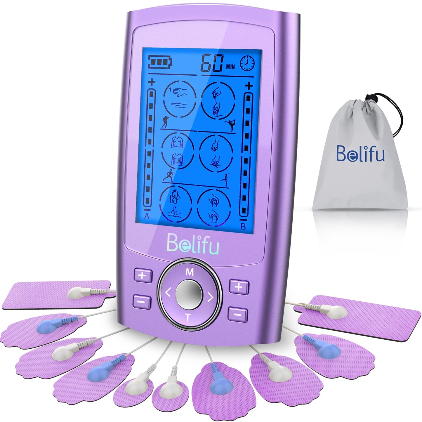 Belifu Dual Channel TENS EMS Unit 24 Modes Muscle Stimulator for Pain Relief Therapy, Electronic Pulse Massager Muscle Massager with 10 Pads, Dust-Proof Drawstring Storage Bag, Fastening Cable Ties