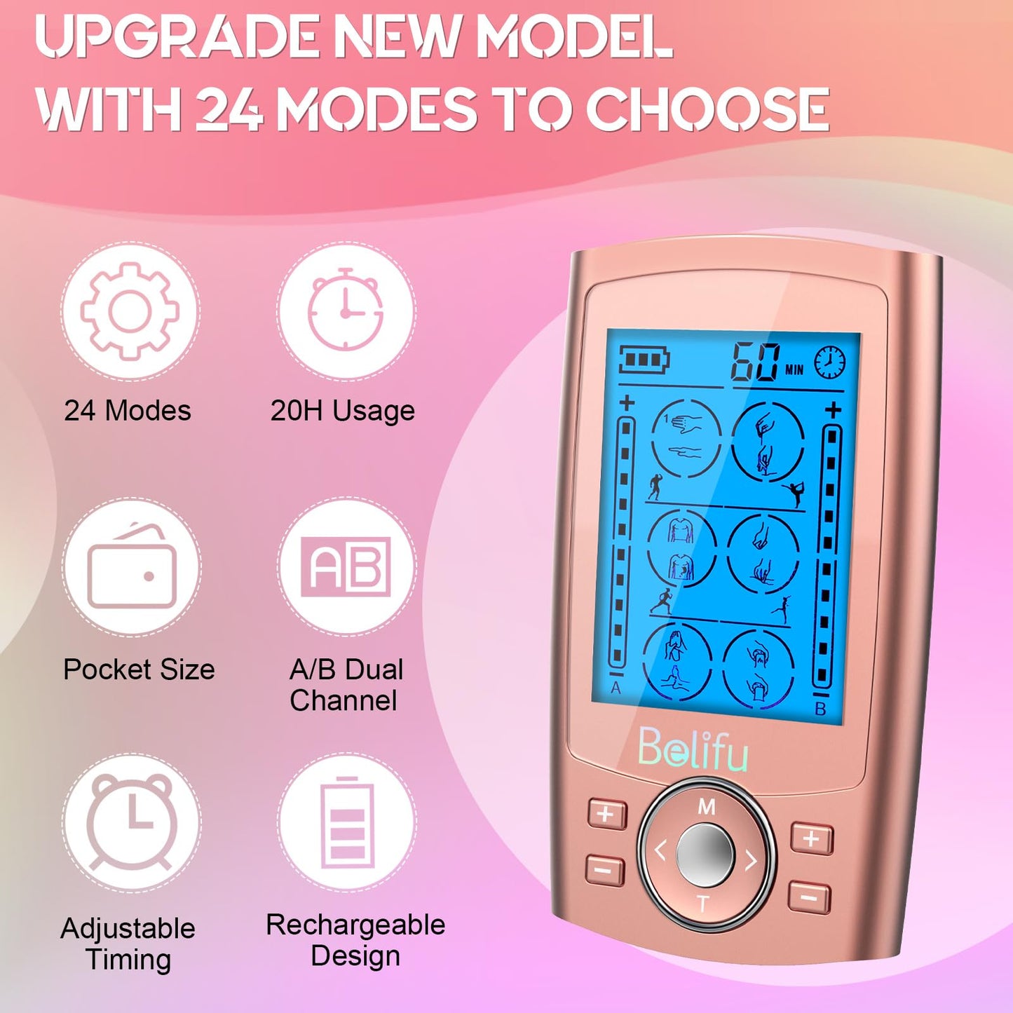 Belifu Dual Channel TENS EMS Unit 24 Modes Muscle Stimulator for Pain Relief Therapy, Electronic Pulse Massager Muscle Massager with 10 Pads, Dust-Proof Drawstring Storage Bag, Fastening Cable Ties