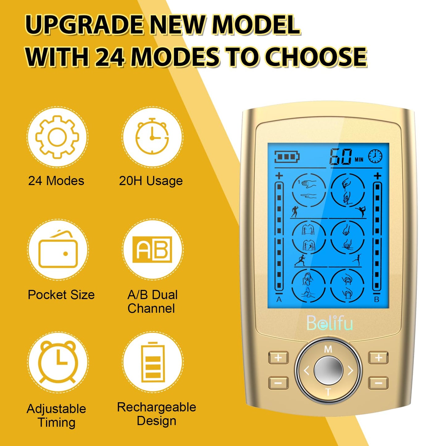 Belifu Dual Channel TENS EMS Unit 24 Modes Muscle Stimulator for Pain Relief Therapy, Electronic Pulse Massager Muscle Massager with 10 Pads, Dust-Proof Drawstring Storage Bag, Fastening Cable Ties