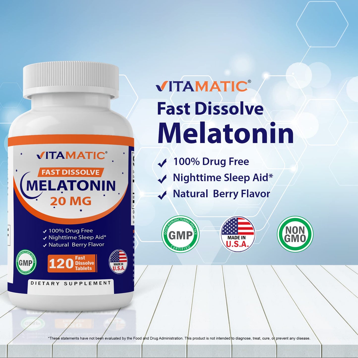 Vitamatic Melatonin 20mg Tablets | Vegetarian, Non-GMO, Gluten Free | HIGH Potency 20 MG | Natural Berry Flavor 120 Tablets