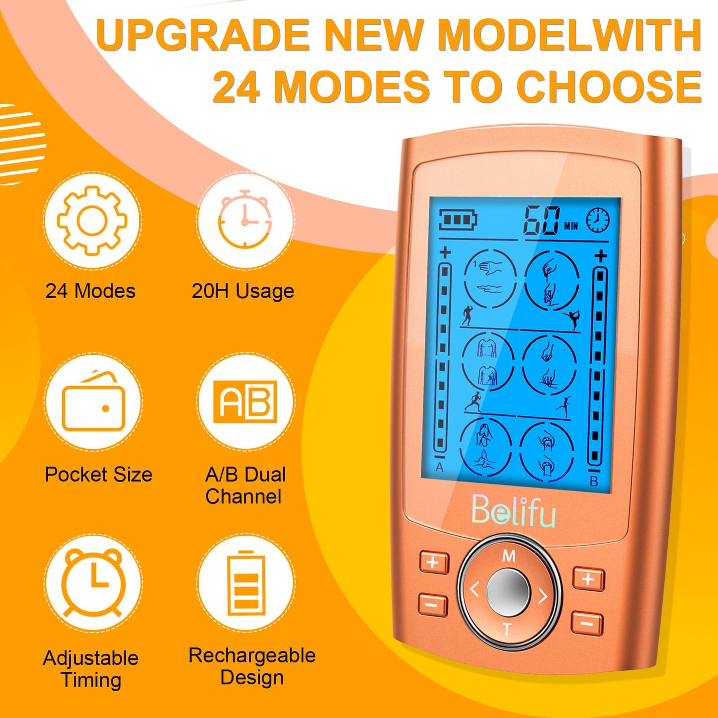 Belifu Dual Channel TENS EMS Unit 24 Modes Muscle Stimulator for Pain Relief Therapy, Electronic Pulse Massager Muscle Massager with 10 Pads, Dust-Proof Drawstring Storage Bag, Fastening Cable Ties