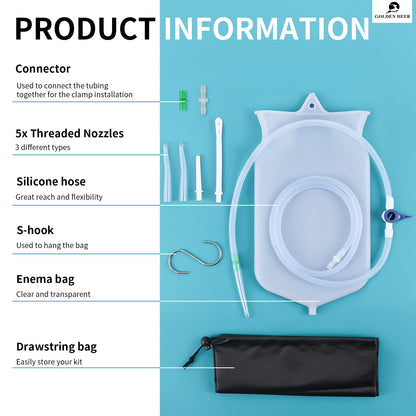 Silicone Enema Bag Kit - 2 Quart Capacity, 5 Multi-Size Reusable, Controlled Water Flow for Colon Detox Cleanse Enemas