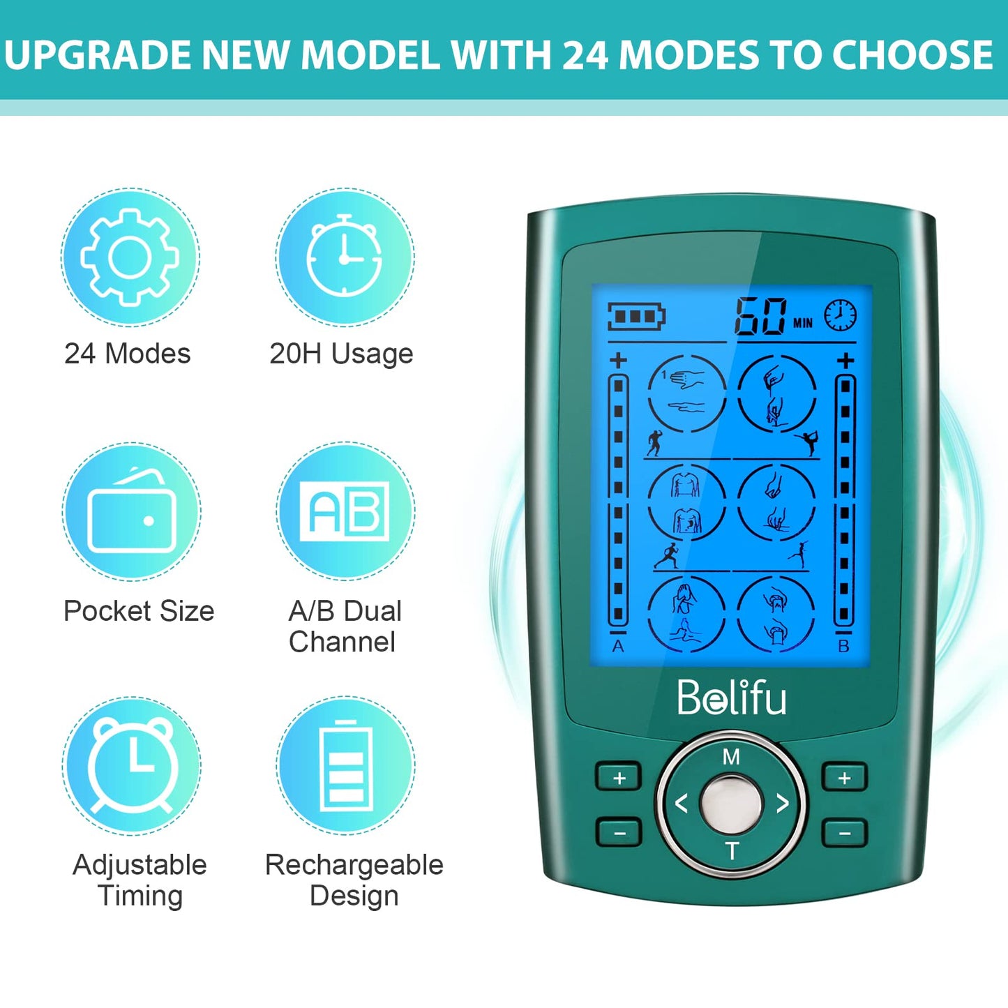 Belifu Dual Channel TENS EMS Unit 24 Modes Muscle Stimulator for Pain Relief Therapy, Electronic Pulse Massager Muscle Massager with 10 Pads, Dust-Proof Drawstring Storage Bag, Fastening Cable Ties