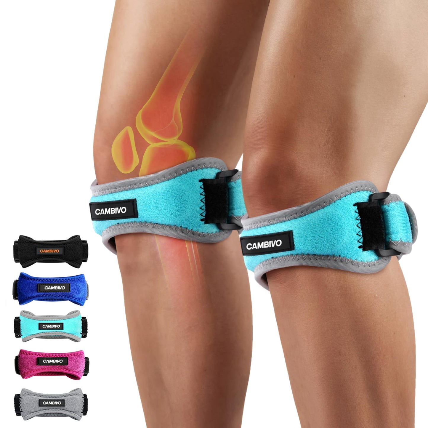 CAMBIVO 2 Pack Knee Braces for Knee Pain, Patella Knee Support Strap, Adjustable Patellar Tendon Stabilizer Band for Jumpers Knee, Tendonitis, Basketball, Running, Hiking, Volleyball, Tennis, Squats
