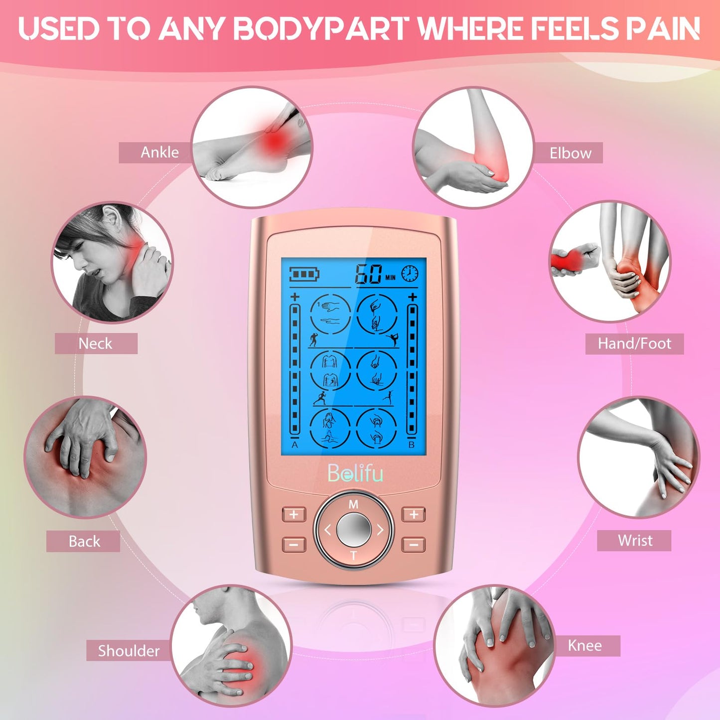 Belifu Dual Channel TENS EMS Unit 24 Modes Muscle Stimulator for Pain Relief Therapy, Electronic Pulse Massager Muscle Massager with 10 Pads, Dust-Proof Drawstring Storage Bag, Fastening Cable Ties