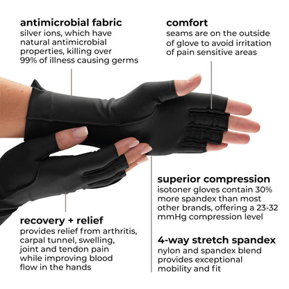 isotoner Women & Men Arthritis Compression Rheumatoid Pain Relief Gloves for joint support with Open/Full finger design