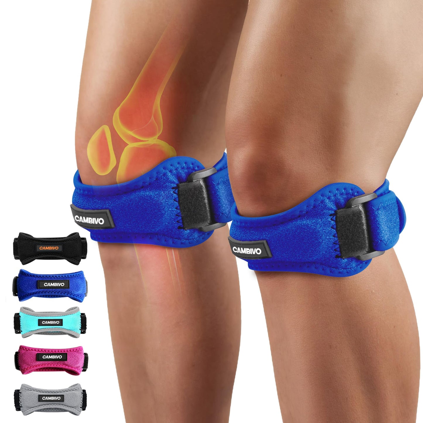 CAMBIVO 2 Pack Knee Braces for Knee Pain, Patella Knee Support Strap, Adjustable Patellar Tendon Stabilizer Band for Jumpers Knee, Tendonitis, Basketball, Running, Hiking, Volleyball, Tennis, Squats