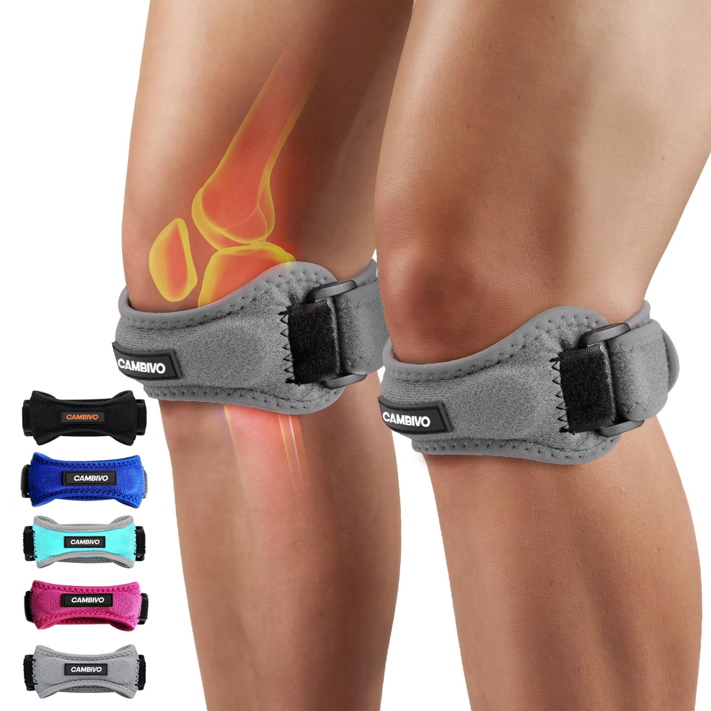 CAMBIVO 2 Pack Knee Braces for Knee Pain, Patella Knee Support Strap, Adjustable Patellar Tendon Stabilizer Band for Jumpers Knee, Tendonitis, Basketball, Running, Hiking, Volleyball, Tennis, Squats