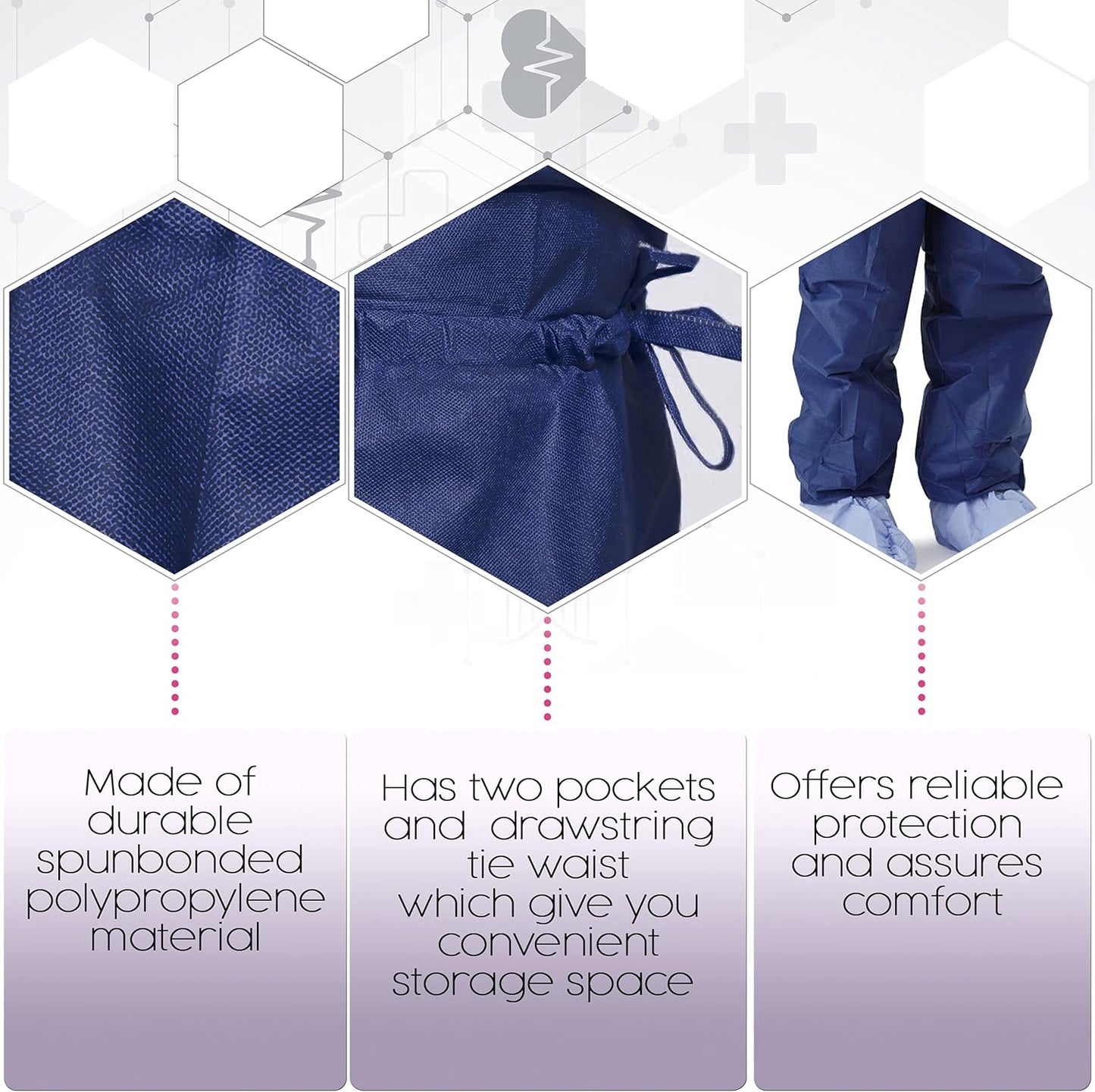 Dukal Polypropylene Pants. Pack of 10 Disposable Wear Medium. Dark Blue Pants with Drawstring Tie Waist, Front and Back Pockets. Non-sterile Poly Clothing. Waterproof Trousers, 380M