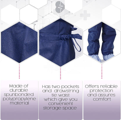 Dukal Polypropylene Pants. Pack of 10 Disposable Wear Medium. Dark Blue Pants with Drawstring Tie Waist, Front and Back Pockets. Non-sterile Poly Clothing. Waterproof Trousers, 380M