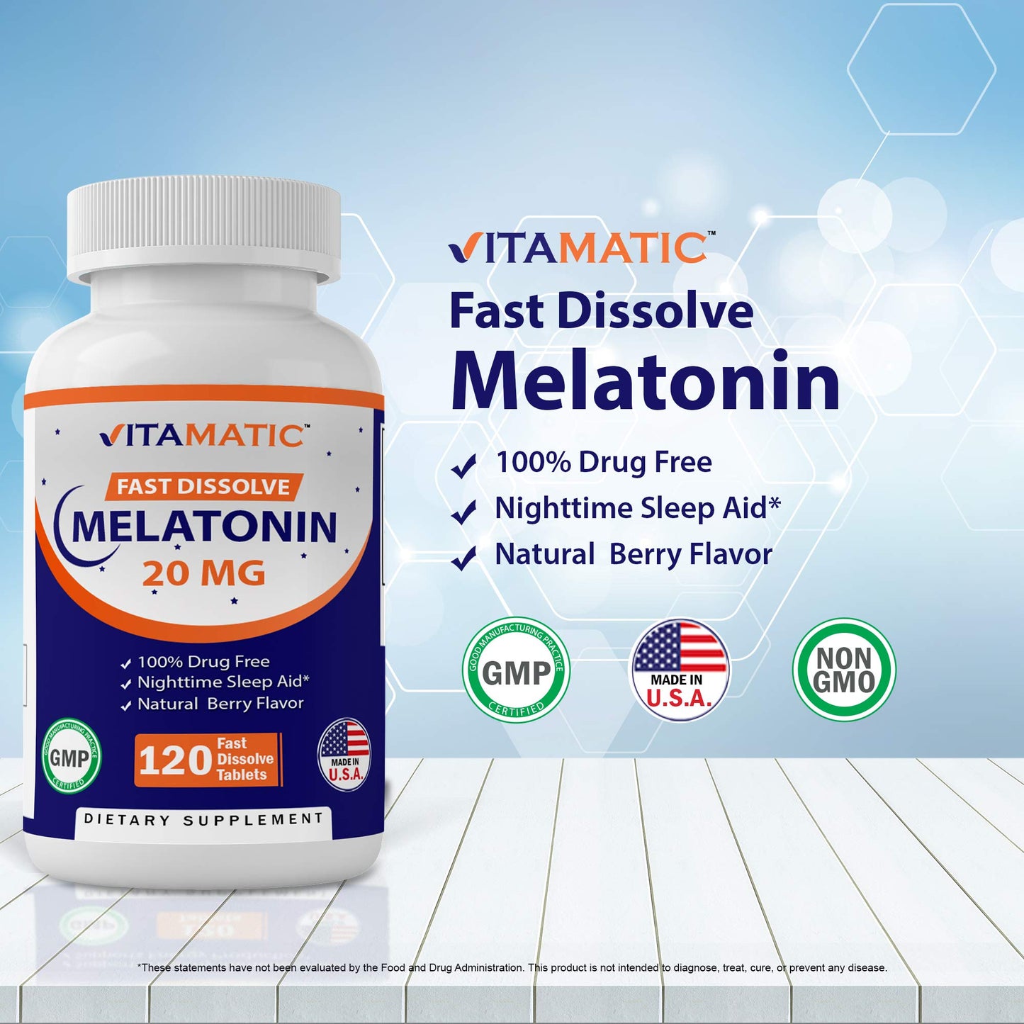 Vitamatic Melatonin 20mg Tablets | Vegetarian, Non-GMO, Gluten Free | HIGH Potency 20 MG | Natural Berry Flavor 120 Tablets