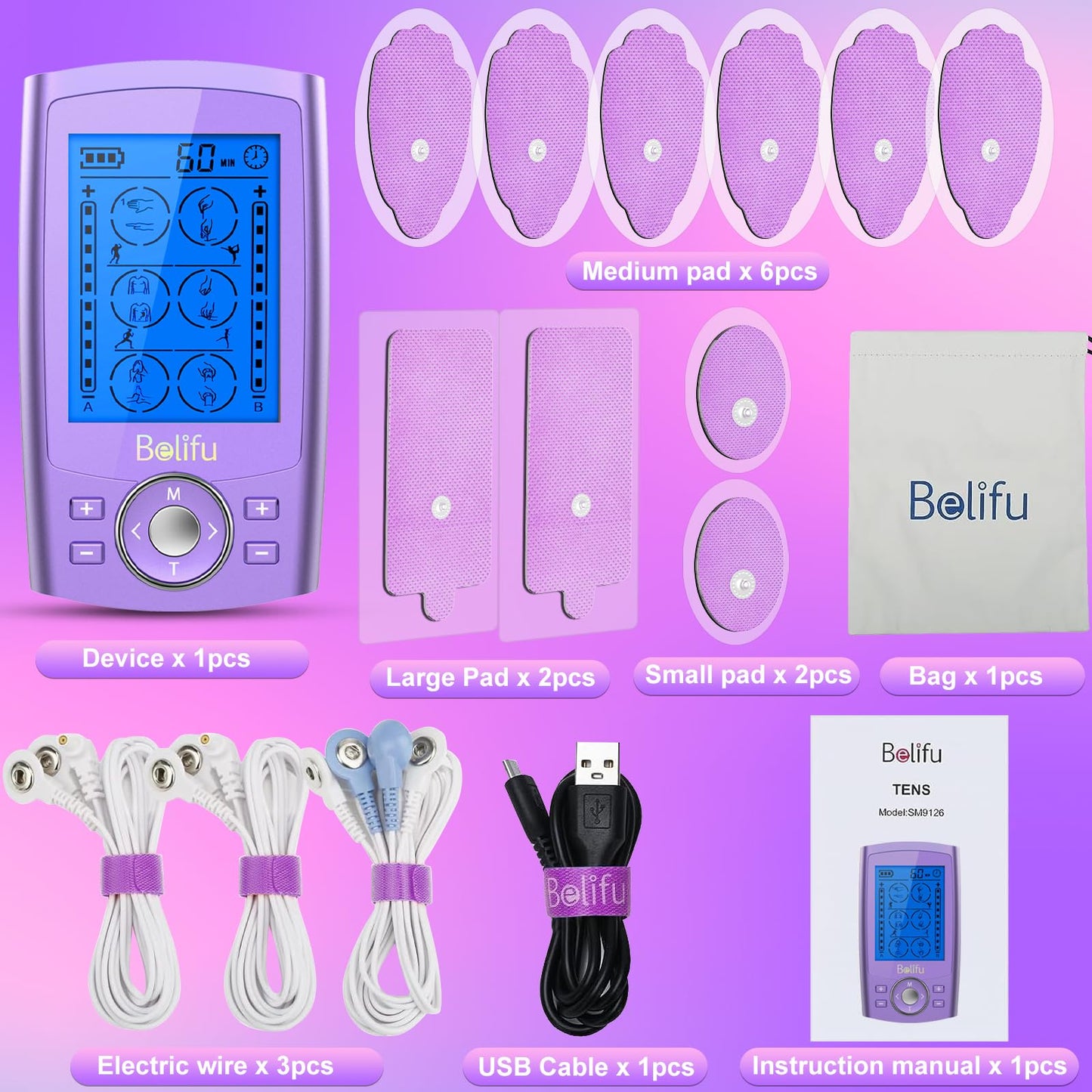 Belifu Dual Channel TENS EMS Unit 24 Modes Muscle Stimulator for Pain Relief Therapy, Electronic Pulse Massager Muscle Massager with 10 Pads, Dust-Proof Drawstring Storage Bag, Fastening Cable Ties