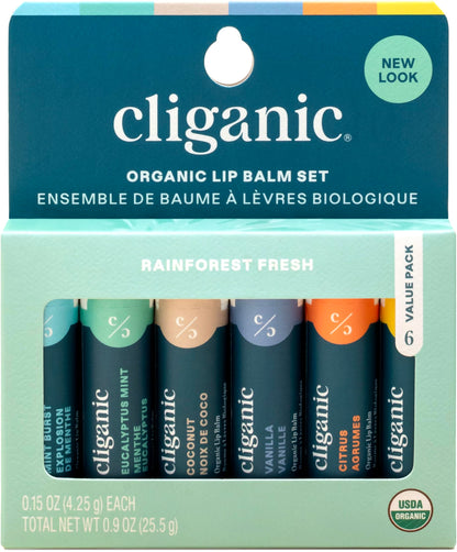 Cliganic Organic Lip Balm Set (4 Packs of 6 Tubes), 100% Natural Moisturizer for Cracked & Dry Lips (Packaging May Vary)