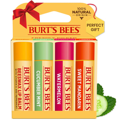 Burt's Bees Lip Balm Stocking Stuffers, Moisturizing Lip Care Christmas Gifts, SuperFruit - Pomegranate, Coconut & Pear, Mango, Pink Grapefruit, Natural Origin Treatment (4-Pack)