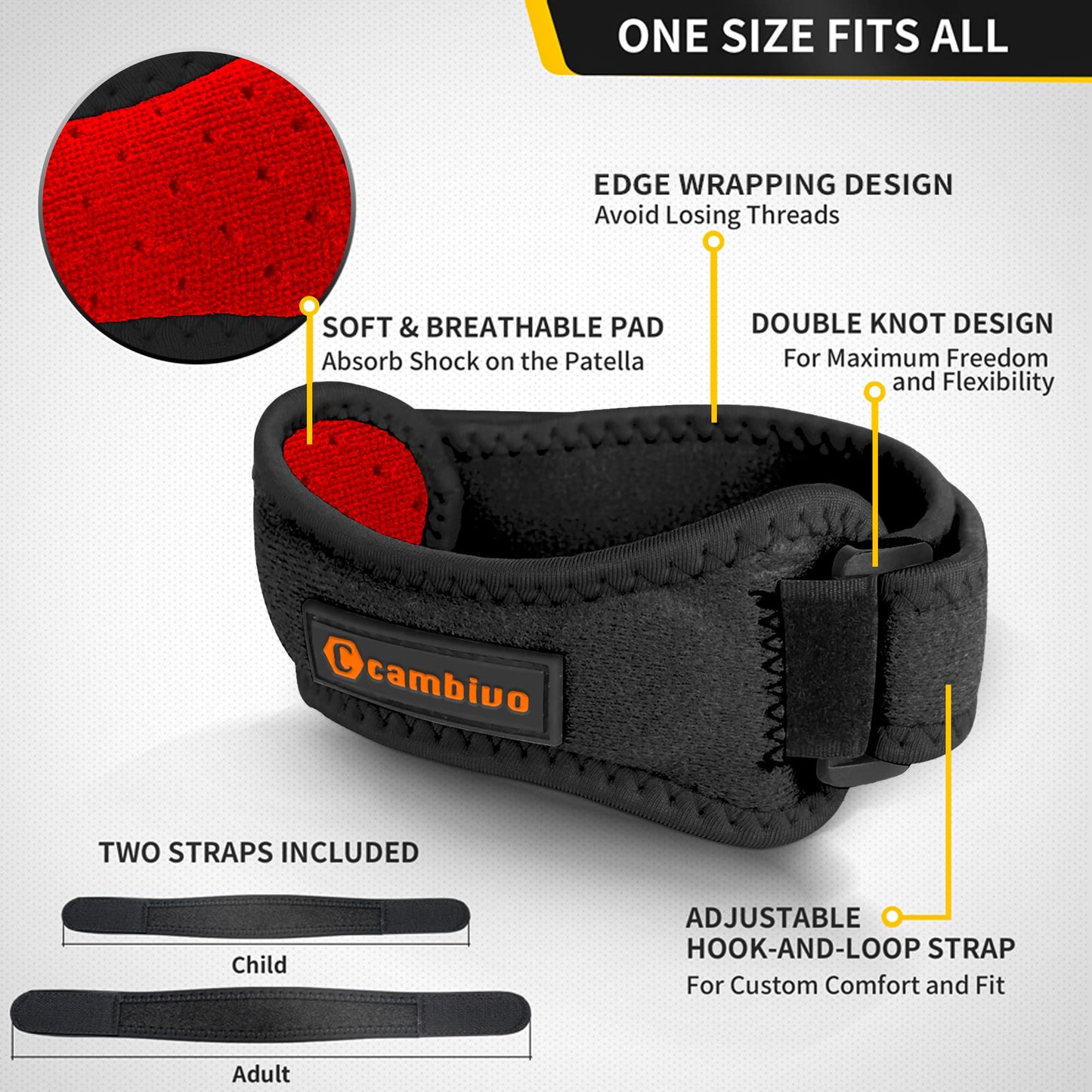 CAMBIVO 2 Pack Knee Braces for Knee Pain, Patella Knee Support Strap, Adjustable Patellar Tendon Stabilizer Band for Jumpers Knee, Tendonitis, Basketball, Running, Hiking, Volleyball, Tennis, Squats